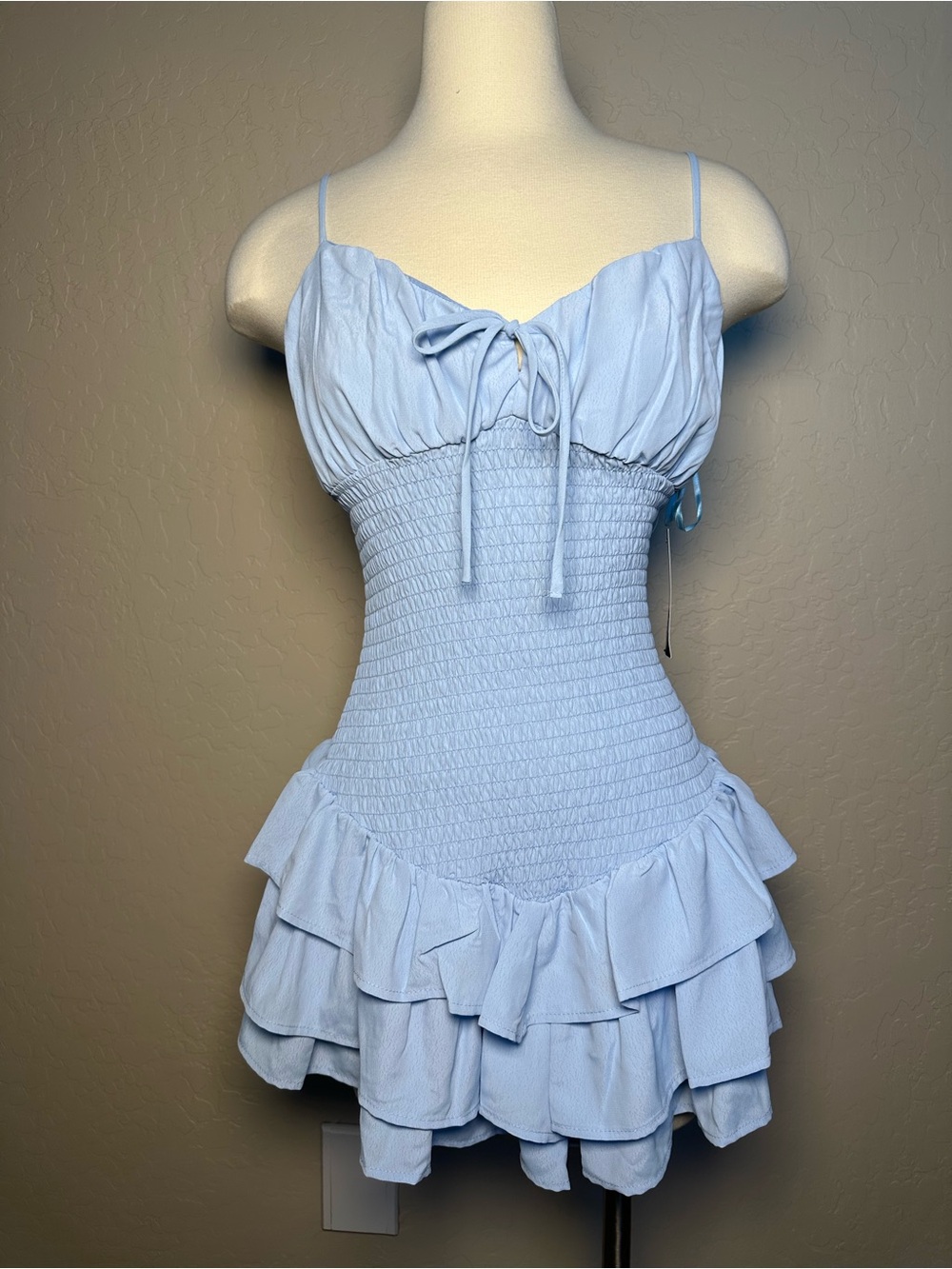 Light Blue Smocked Mini Dress with Ruffle Hem